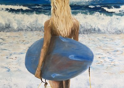 Painting of blond girl with surf board entering the surf Betty by Banx 900x1300mm MC6821