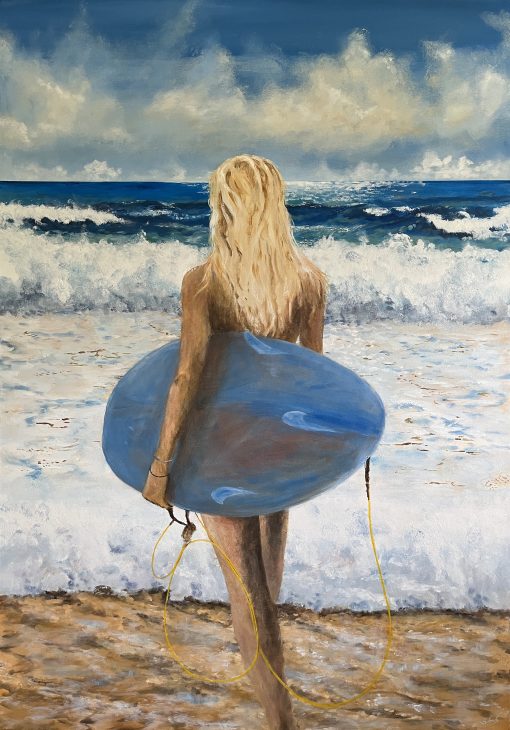 Painting of blond girl with surf board entering the surf Betty by Banx 900x1300mm MC6821