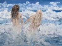 Painting of two girls running into the surf