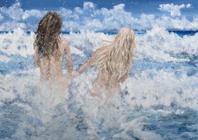 Painting of two girls running into the surf