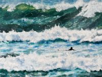 Painting called Maverick by Banx of a surfer paddling out into big green surf