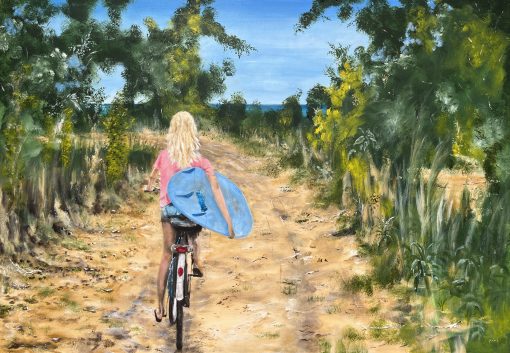 Painting called The Way Home by Banx of a girl cycling carrying her surf board