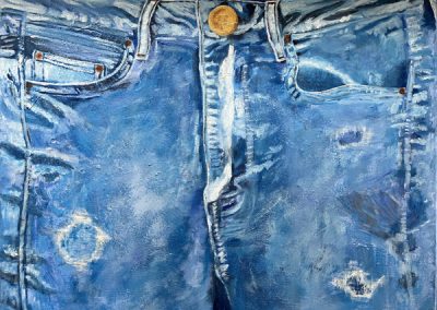 Painting of front of old threadbare jeans called Ol'Faithfuls 750x600mm MC6827