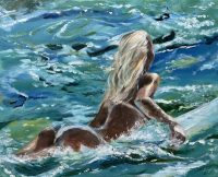 Painting of a blond girl paddling out on a surfboard called Solitude by Banx 500x400mm MC6826