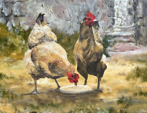 Painting of teo chickens called Clucky by Banx 700x900mm MC6832