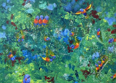 Painting of 19 Lorikeets called Birds of a Feather by Banx 1200x900mm MC6834