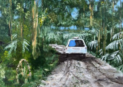 Painting of a station wagon with surfboards on the roof on a rough road in a cane forest called Fronds in High Places by Banx 1200x900mm MC6835