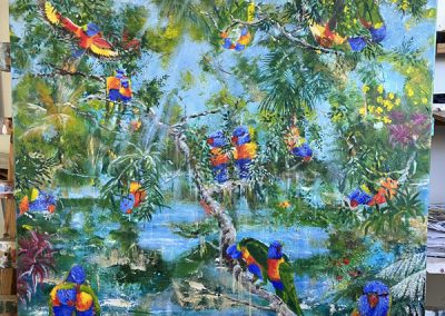 Painting of lorikeets in a forest called Pandora by Banx 1000 x 850mm MC6837 Easel