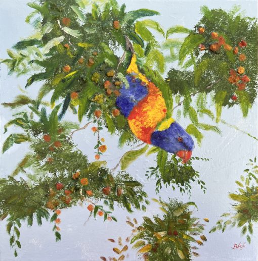 Painting of a lorikeet called Birds in Paradise 4 by Banx 300x300mm MC6842 SOLD